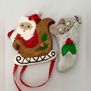 Christmas Ornaments Set Mouse sleeping in the sock and Santa